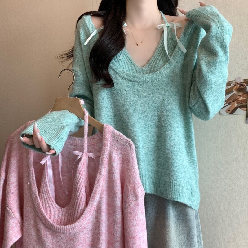 2026 Autumn and Winter New Style Women's Large Size Bow-Tie Halter Neck Long-Sleeved Knitwear Vest Loose Long-Sleeved Sweater Two-Piece Set 2026 Autumn and Winter New Style Women's Large Size Bow-Tie Halter Neck Long-Sleeved Knitwear Vest Loose Long-Sleeved Sweater Two-Piece Set