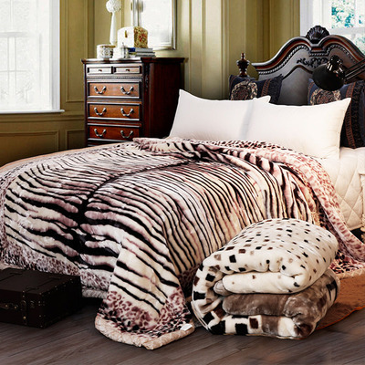 时尚斑马豹纹拉舍尔保暖毛毯加厚床单双层珊瑚绒婚庆盖毯2m冬被子|ru