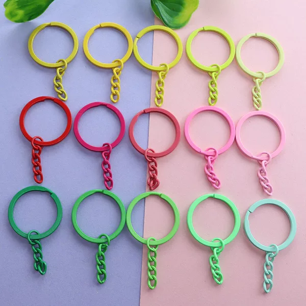30 flat rings with chain, colorful painted flat key ring, 4-section chain, DIY jewelry accessories, keychain with chain