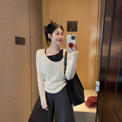 大码女装胖mm穿搭慵懒风显瘦假两件拼接撞色小众设计感针织上衣女
