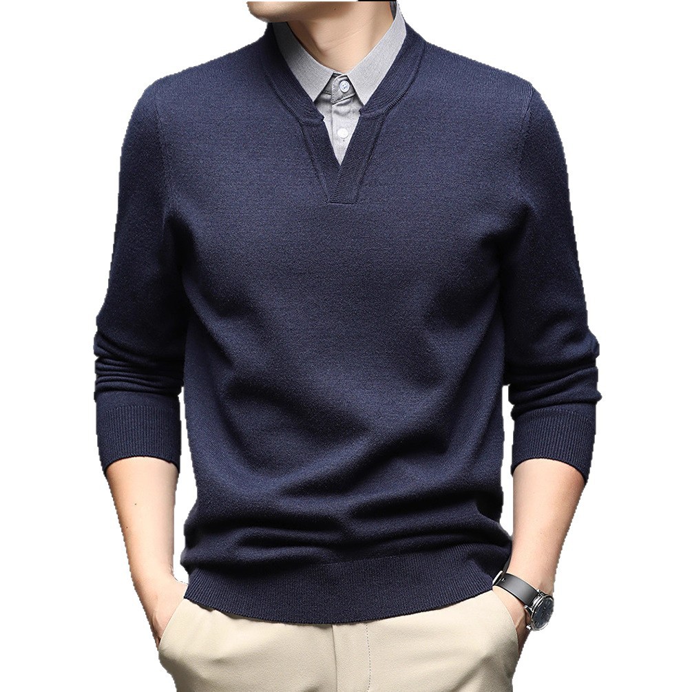 Primavera y otoño con solapa de manga larga de hombre base popular camiseta de punto de hombre falsa dos piezas de chaqueta simple suéter casual suelto