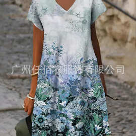跨境外贸 2022亚马逊 速卖通 wish 休闲碎花V领短袖短款连衣裙 女