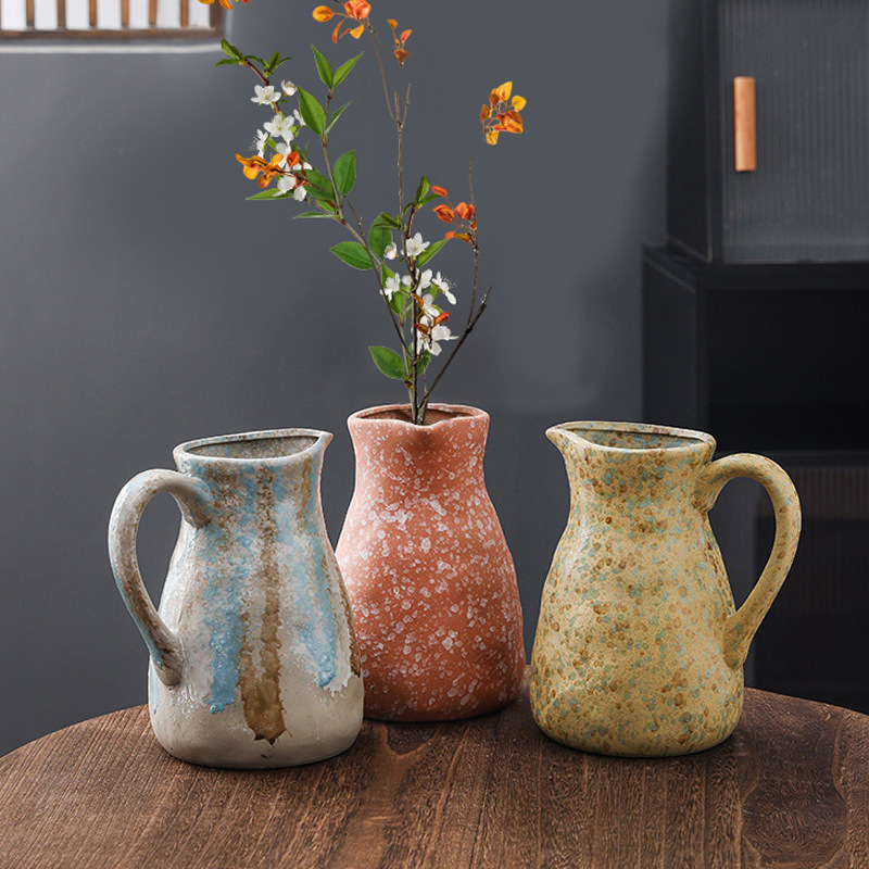 Wabi-Sabi Style Hydroponic Ceramic Vase Ornaments for Living Room, High-End Retro Pottery Pots, Dried Flowers, Flower Arrangements, Decorative Stoneware Flower Vessels