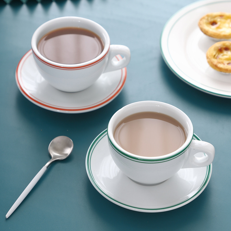 Red Line/Green Line Coffee Cup with Plate Hong Kong Style Milk Tea Cup Thick Old-fashioned Cappuccino Cup with Bracer Hotel Supplies