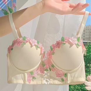 Girl's Japanese-Style Sweet and Pure Sexy Bra for Small Bust, Breathable Side-Gathering Wireless Underwear for Women, Summer Fishbone