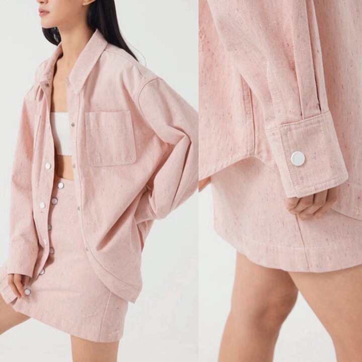 26 Early Spring Fa Turkish Colorful Dot Yarn Long-Staple Cotton Loose-Fitting Drop-Shoulder Short Stylish Denim Shirt and Skirt Set