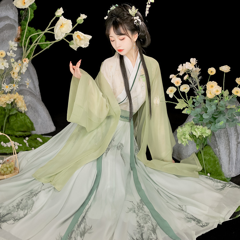 Tang Dynasty Hanfu Green princess Fairy dress for women hanfu female hand in collar waist Ru skirt super dust flowing daily costume 