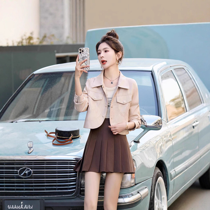 New Haining Sheepskin Women's Leather Jacket Hong Kong Style Korean Style Trendyy Fashion Elegant Simple Short Leather Jacket