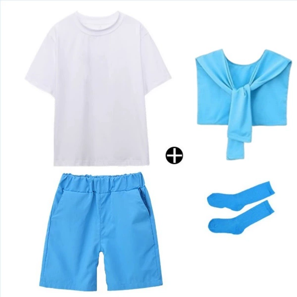 White t+sky blue shawl+blue pants+sky blue socks