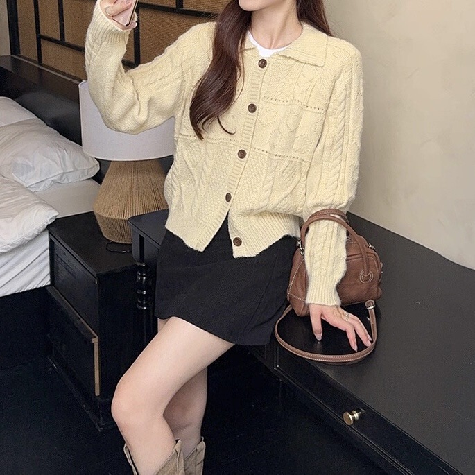 韩系减龄百搭翻领针织开衫外套秋冬新款时尚气质慵懒风毛衣上衣女|undefined