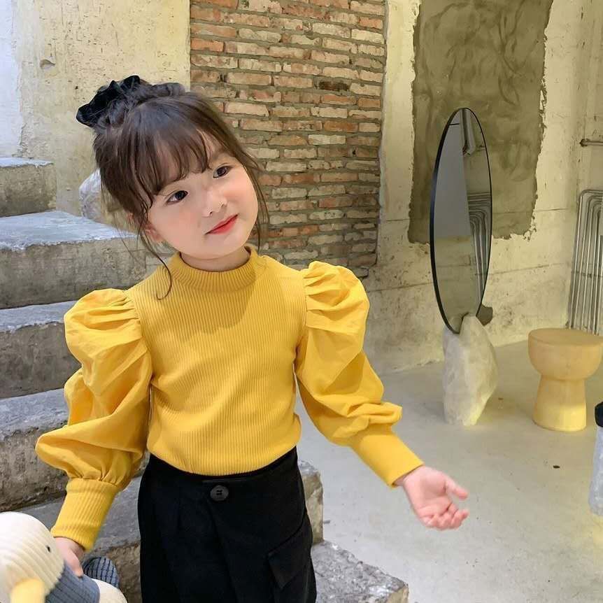 Cross-border girls' puff sleeve base layer top, autumn new style, patchwork versatile top, spring and autumn half-high neck long sleeve T-shirt