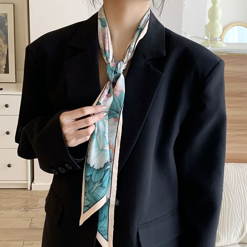 Bufanda de seda para mujer, tira larga, camisa a juego de moda de alta gama, bufanda estrecha, cinturón para el cabello atado, cinturón de cinta de bolsa atada de todo fósforo