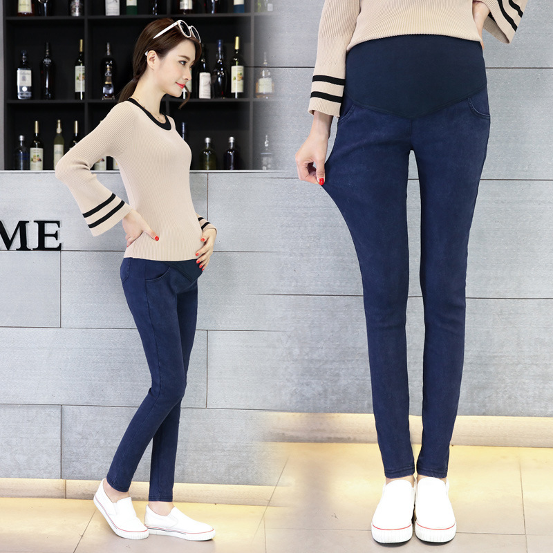 Real Shot of 2025 Autumn Korean Style Maternity Pants, Black Stretchy Plus-Size Belly-Support Denim Long Pants, Washed Slim-Fit Belly-Support Pants