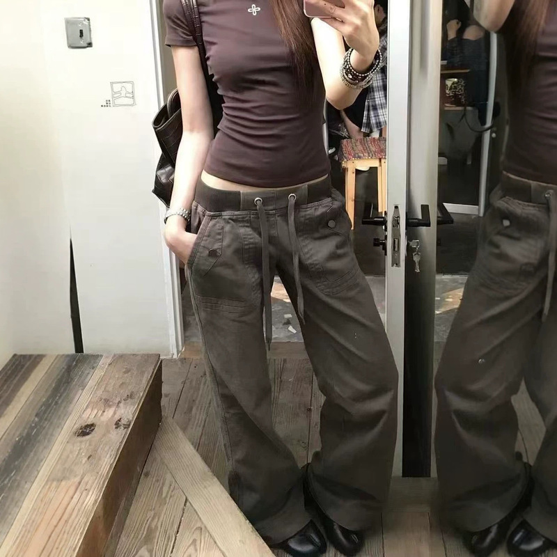European and American style unique streetwear slim-fit workwear trousers for women, straight wide-leg pants with straps, low-waist casual jeans, trendy European and American style unique streetwear slim-fit workwear trousers for women, straight wide-leg pants with straps, low-waist casual jeans, trendy