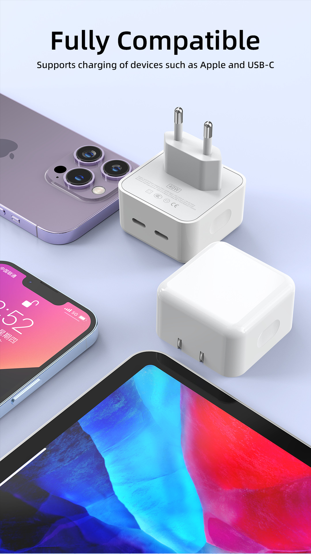 Suitable for Apple iPhone 14 Pro Max mobile phone charger with PD40W European and American standard dual C-port fast_voghion.com