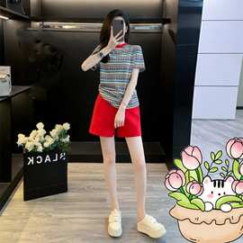 休闲风运动套装女2025夏季新款宽松圆领条纹短袖短裤减龄套装女潮