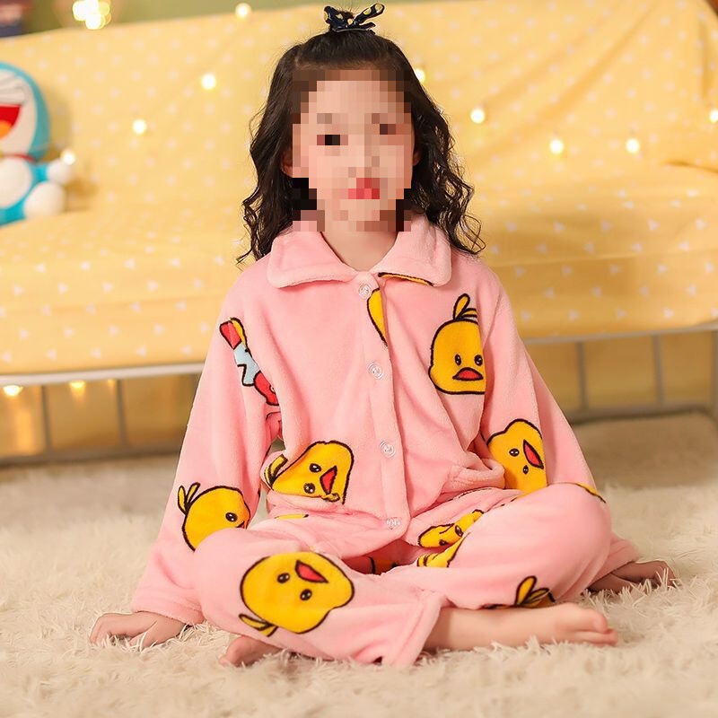 Children's Pajamas Autum New Set Flannel Little Yellow Duck Girls Boys Middle and Large Kidsren Baby Winter Home Clothes