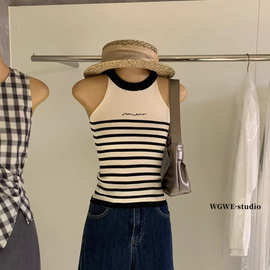 WGWE8914挂脖条纹撞色刺绣字母针织衫修身吊带无袖冰丝短款上衣女
