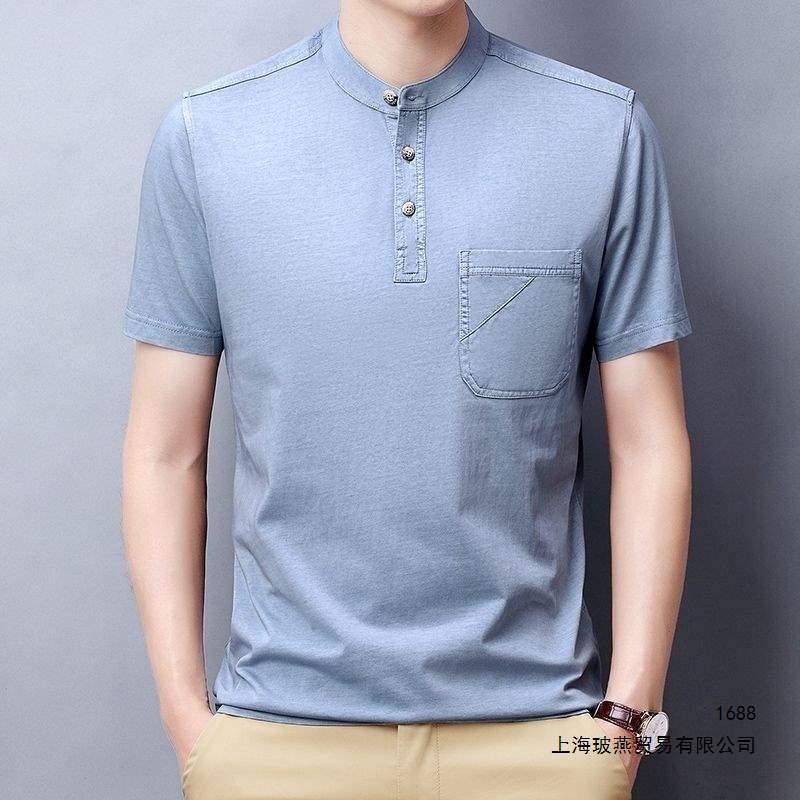 Short-Sleeved T-Shirt, New Summer Style for Men, Stand-Up Collar, Retro Business Casual, Real Pocket, Dad-Style, Rayon Short-Sleeved T-Shirt, New Summer Style for Men, Stand-Up Collar, Retro Business Casual, Real Pocket, Dad-Style, Rayon