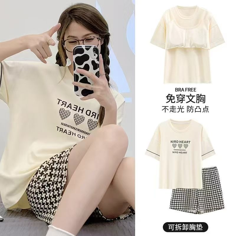 Pijamas al por mayor transfronterizos, algodón de imitación para mujer, almohadilla para el pecho, nuevo verano a prueba de golpes, pantalones cortos de manga corta, traje de servicio a domicilio