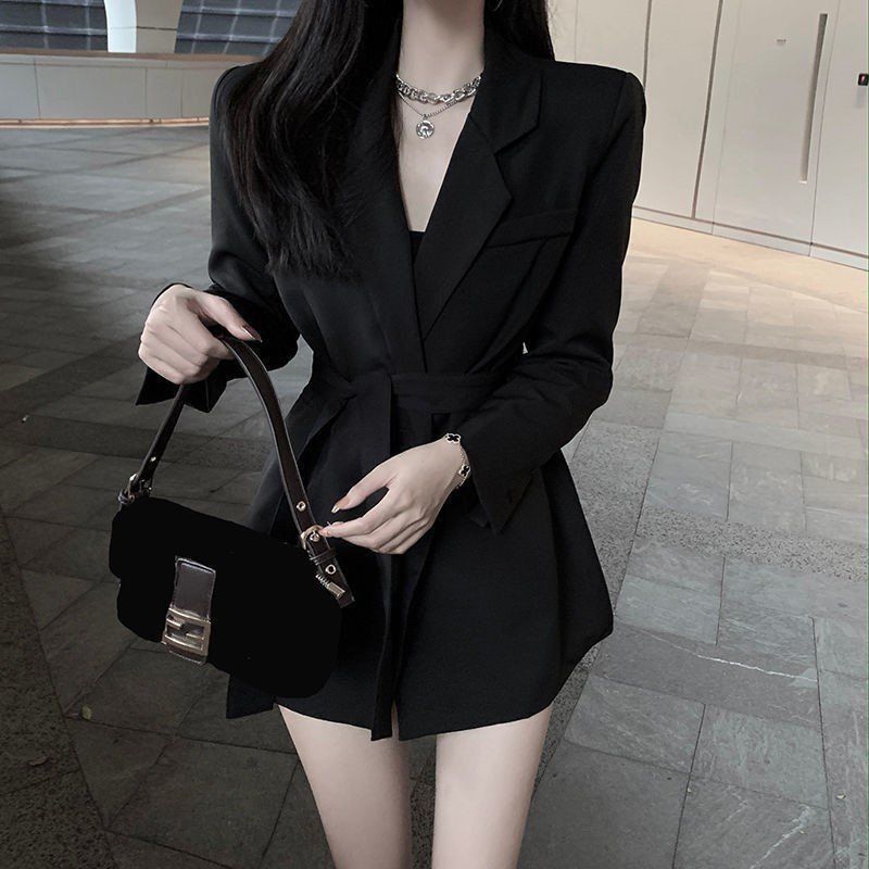 Women's Slim-Fit Blazer Shorts Set, High-End Ins-Style Mid-Length Blazer Dress with Belt for Spring and Autumn