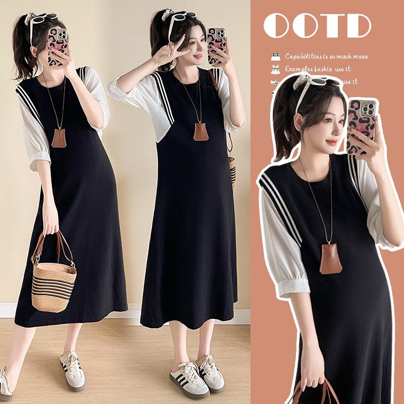 Maternity Summer Dress 2025 New High-End Fashion Loose Knitted Fake Two-Piece Maternity Dress Postpartum Nursing Dress Maternity Summer Dress 2025 New High-End Fashion Loose Knitted Fake Two-Piece Maternity Dress Postpartum Nursing Dress