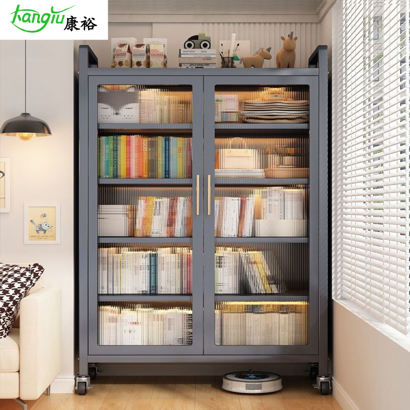 Household Steel Bookshelf with Doors Multi-Layer Floor Double Doors Dust-proof Storage Cabinet Children's Books Thickened Simple Bookshelf