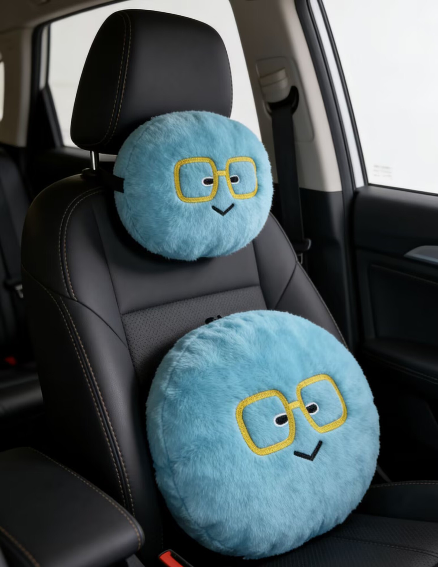 Car Headrest Neck Pillow with Smiley Face Blue Emoji Design, Car Cushion for Long Trips, Cartoon Car Headrest Pillow