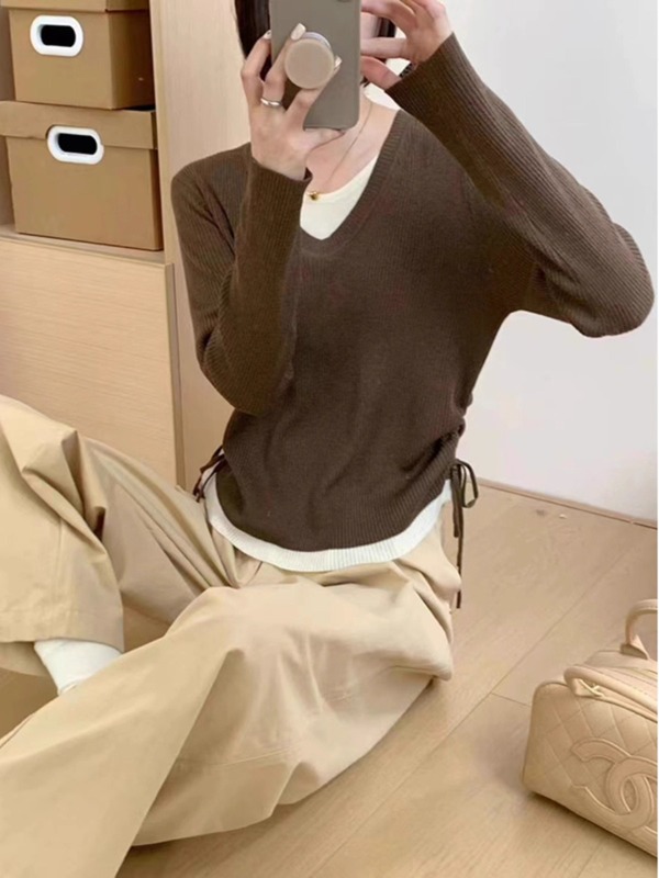 秋装女款2025年新款女士高级感假两件针织衫女高级感百搭拼接上衣|undefined