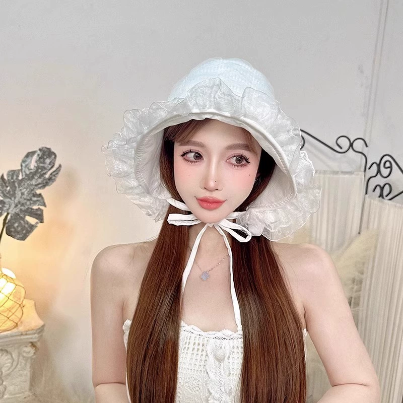 Lolita Lace Seersucker Cute Hair Hood Women's Spring and Summer French Romantic Pleated Lolita Tie Basin Hat