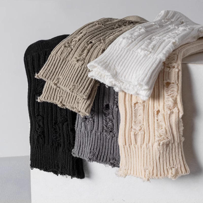 Men's Mid-Calf Ripped Socks, Distressed Socks, Japanese Style Slouch Socks, Trendy Long Summer Cotton Socks