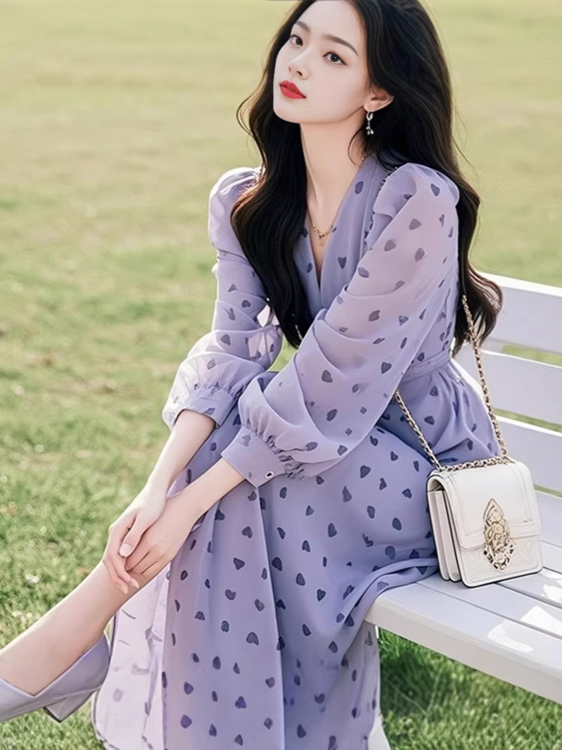 Váy dài maxi nữ họa tiết hoa tình yêu kiểu Pháp cổ điển — Hoa tím