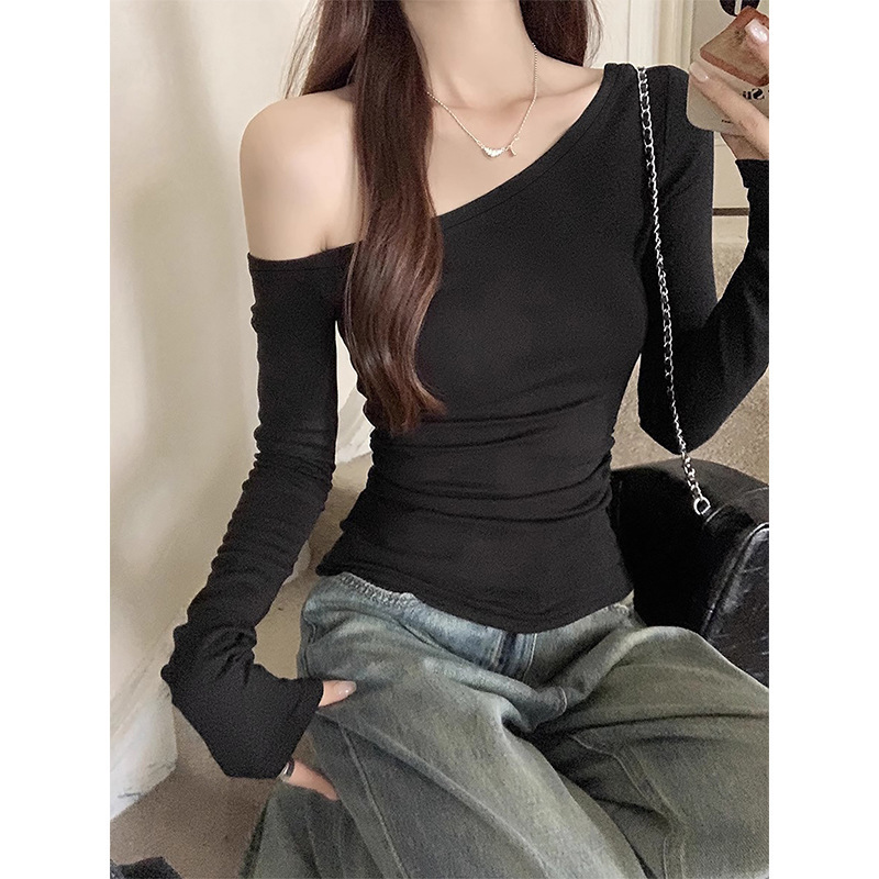 [1*1 Cotton Thread] Long-sleeved T-shirt Women's Spring and Autumn Collar Inclined Shoulder Base Shirt Top