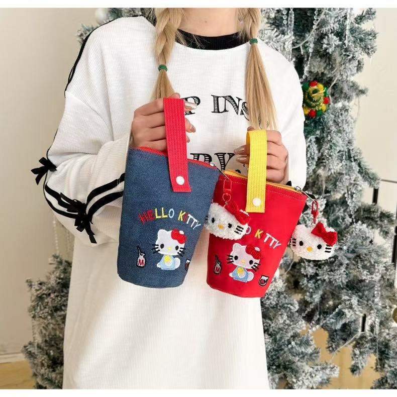 Kitty's New Embroidered Pen Holder Portable Bucket Pen Bag for Students, Foldable and Portable for Travel, Large Capacity Stationery Storage
