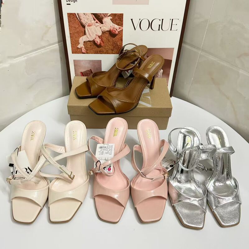 Za2025 New Summer Women's Shoes French Square Toe Patent Leather Open Toe One-Line Strap Slingback Stiletto Heel Sandals