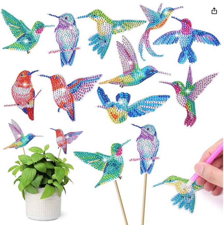 Estacas decorativas para macetas con diseño de flores para decoración de plantas en el hogar y escritorio, fabricante de estacas de jardín hechas a mano con pegatinas de diamantes DIY.