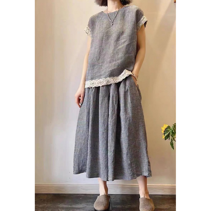 Japanese-Style Lace Trim Single-Breasted Plaid Linen Top for Women, Summer Loose Versatile Linen Plaid Skirt-Pants Set Japanese-Style Lace Trim Single-Breasted Plaid Linen Top for Women, Summer Loose Versatile Linen Plaid Skirt-Pants Set