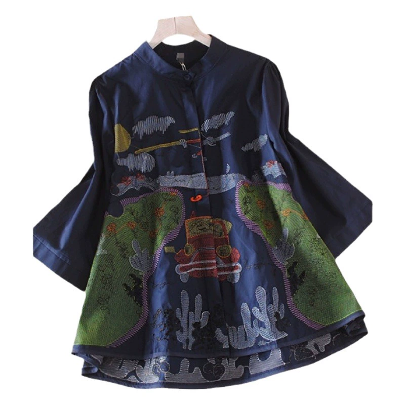 Европейская и американская одежда больших размеров с богатой вышивкой, винтажная универсальная свободная повседневная рубашка с воротником-стойкой, хлопково-льняной облегающий топ для женщин.