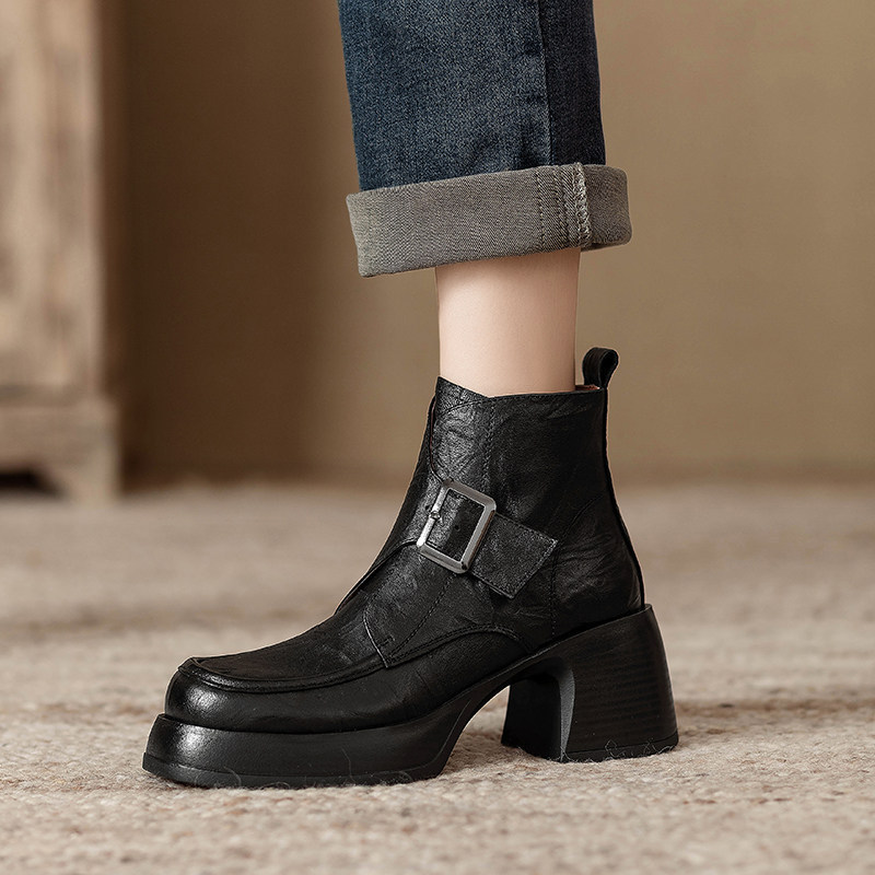 [In Stock] D8666-2 Black Chunky Heel Thick-Soled Short Boots Square-Toe Leather Boots British Style Martin Boots Versatile Boots