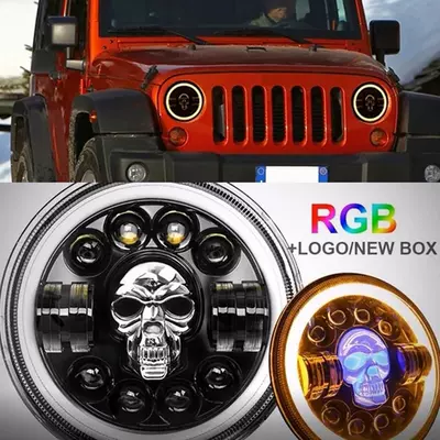 7inch Wrangler Harley Headlight Motorcycle Led High and Low Beam Round Colorful Skull Headlight Set (Ön faralar) - 7inch-restoration-lamps
