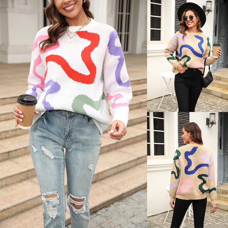 2026 Spring Fashion European and American Cross-Border Amazon Fashion Round Neck Knitwear Geometric Pattern Loose Pullover Sweater Wholesale