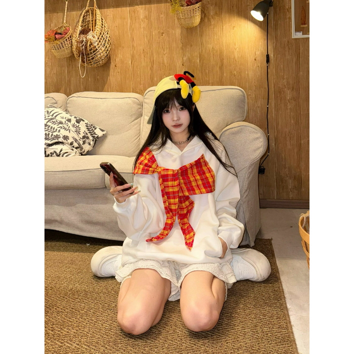 格子绑带拼接连帽卫衣女2025秋季新款宽松学生慵懒风美式chic外套|undefined