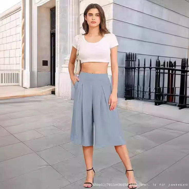 Foreign Trade European and American AliExpress Cross-border Amazon Women's Wide-leg Cropped Pants with Pocket Lightweight High Waist Loose Casual