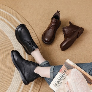 2025 New Autum Genuine Leather Low-Heeled High-Top Versatile Shoes Hotel Long Standing Work Shoes Women's Leather Shoes