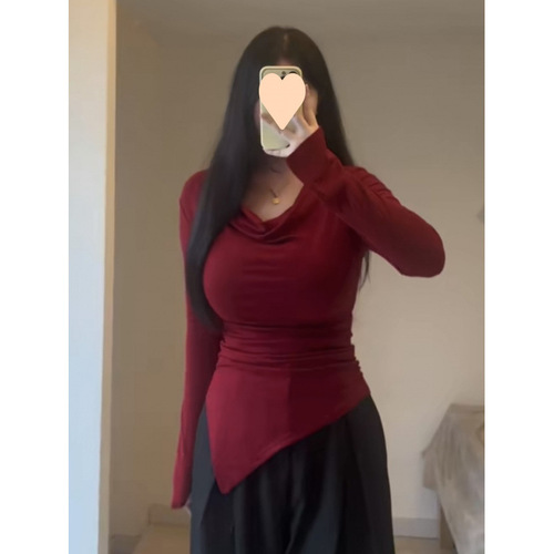 Women's 2025 Spring V-Neck Long-Sleeve Oversized Asymmetrical Design Crew Neck T-shirt for Innerwear and Top