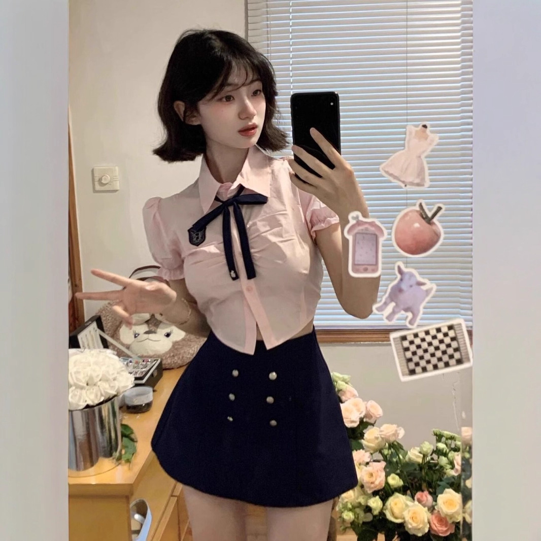 College Style Suit Korean School Supply Jk Uniform Petite Waist Slimming Look Pink Shirt Skirt Two-Piece Summer Set