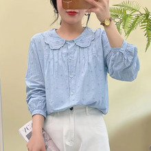 衬衫女2023春季新款清新甜美清新风娃娃领常规袖开衫刺绣上衣女款