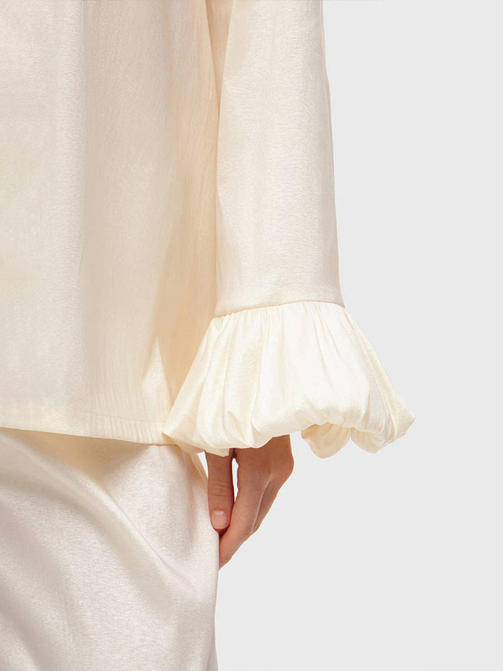 Bộ đồ ngủ dài tay dài quần viền bèo nhún phong cách Âu Mỹ, áo cardigan cài nút — Màu be chi tiết 38