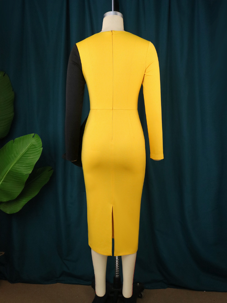 Vêtements pour femmes Robe à volants assortie de couleur grande taille pour femmes Robe de soirée sexy à col en V Robe de soirée jaune_voghion.com