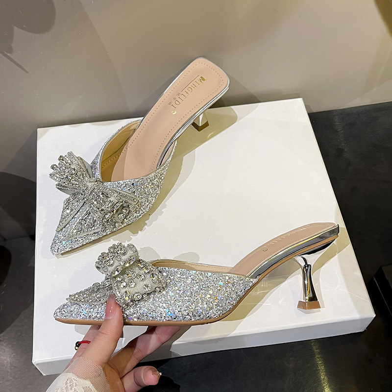 Sandalias y pantuflas de tacón alto moda de verano para mujer zapatillas de tacón de aguja puntiagudo rojo rhinestone bowknot medio arrastre zapatos de mujer